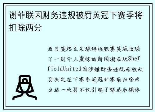 谢菲联因财务违规被罚英冠下赛季将扣除两分 谢菲联因财务违规被罚英冠下赛季将扣除两分